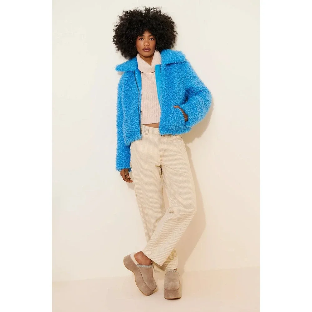 Free People Cool & Cozy Teddy Coat Baywatch Blue XL Fuzzy Oversized Warm Fall